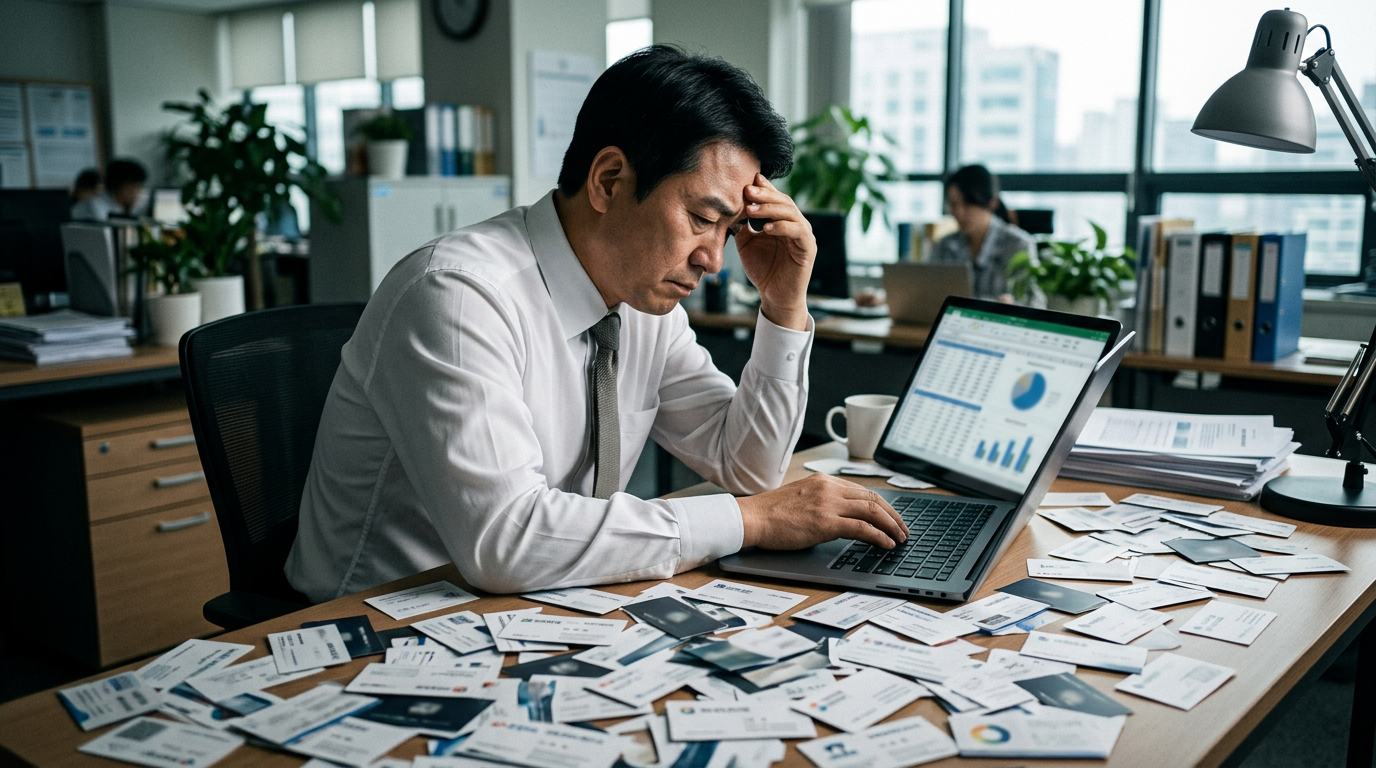 사무실 책상 위에 수십 장의 명함이 어지럽게 널려 있고, 한 직원이 고민에 빠진 표정으로 노트북을 보고 있는 모습