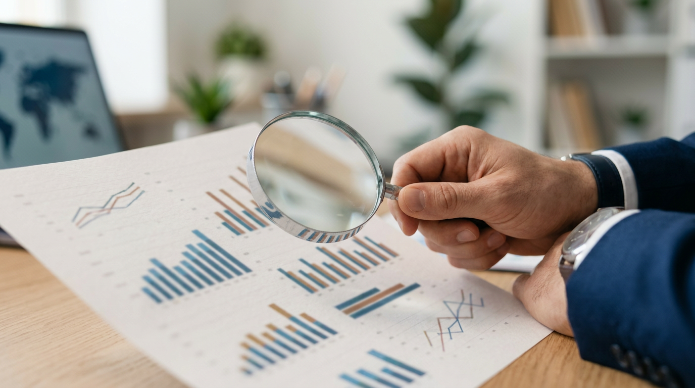 돋보기를 들고 서류의 신용 등급 지표를 꼼꼼하게 살피는 신뢰감 있는 전문가의 손길