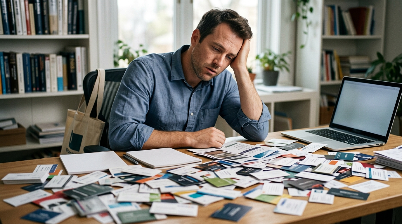 한 사람이 전시회 부스에서 받은 명함 더미를 책상 위에 펼쳐놓고 한숨 쉬는 장면
