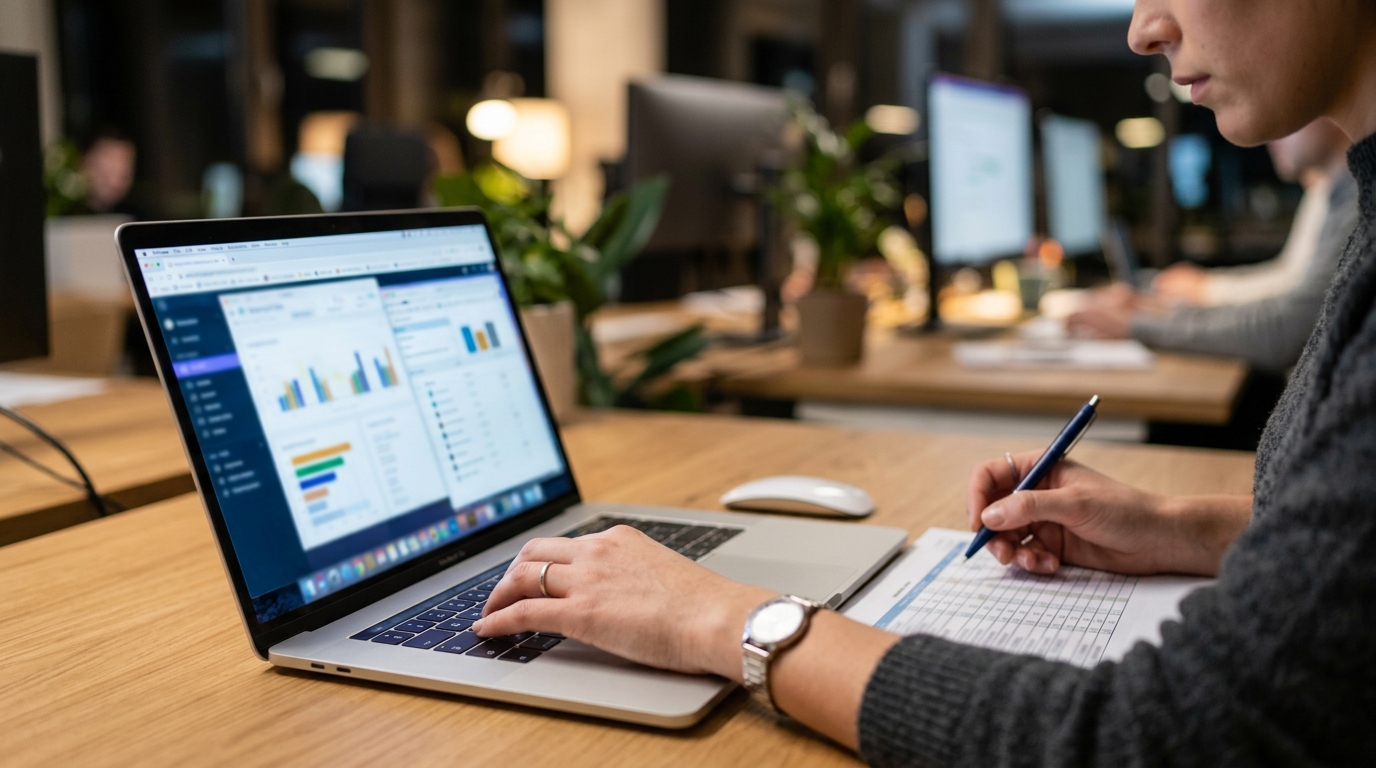 노트북 화면에 여러 탭을 띄워놓고 엑셀에 바이어 정보를 수동으로 옮겨 적는 실무자의 손