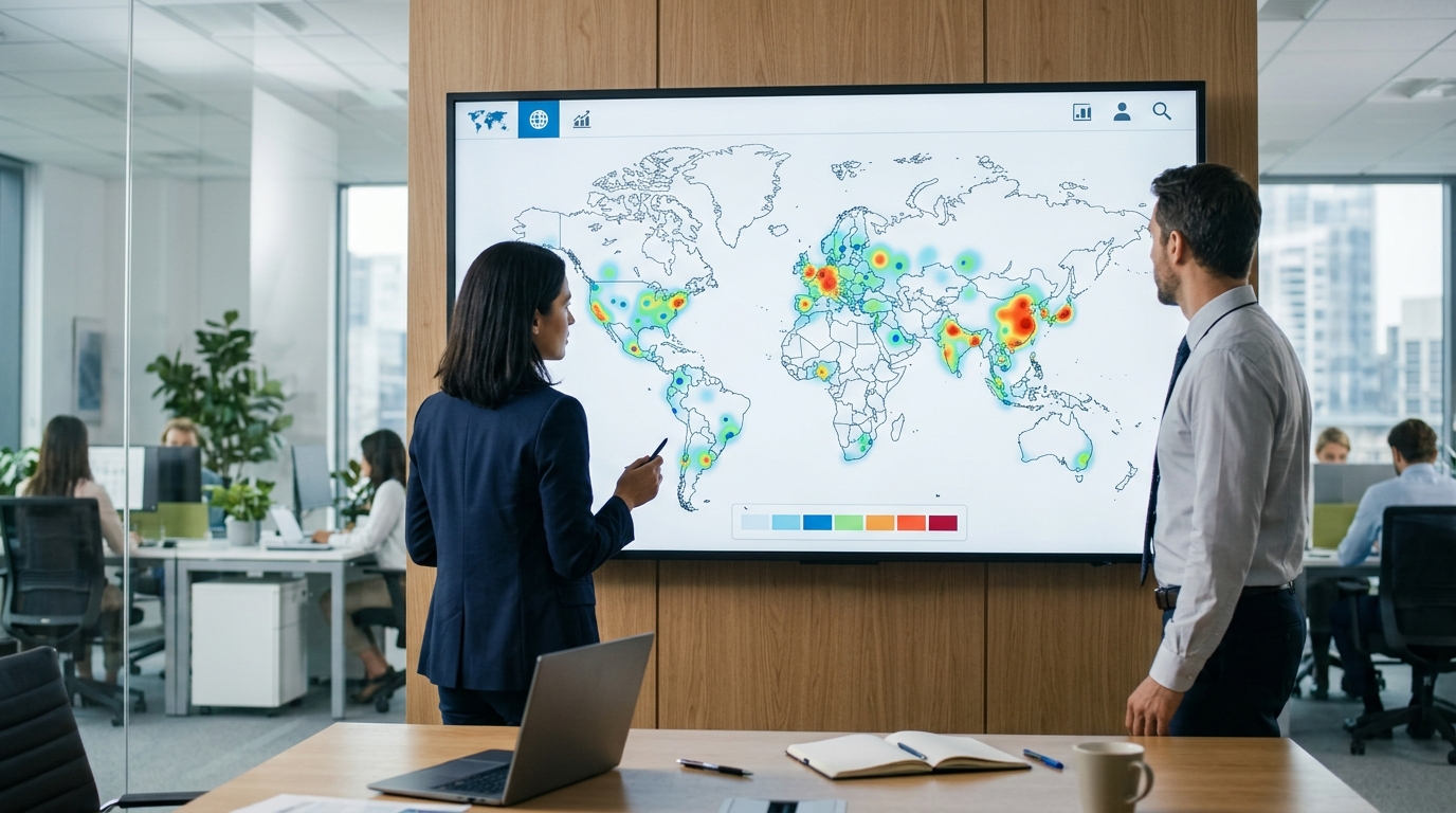 대형 모니터에 세계 지도와 바이어 히트맵이 표시된 깔끔한 사무실 화면