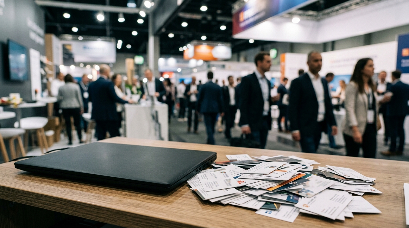 해외박람회 부스에 쌓여 있는 수십 장의 명함과 닫혀 있는 노트북