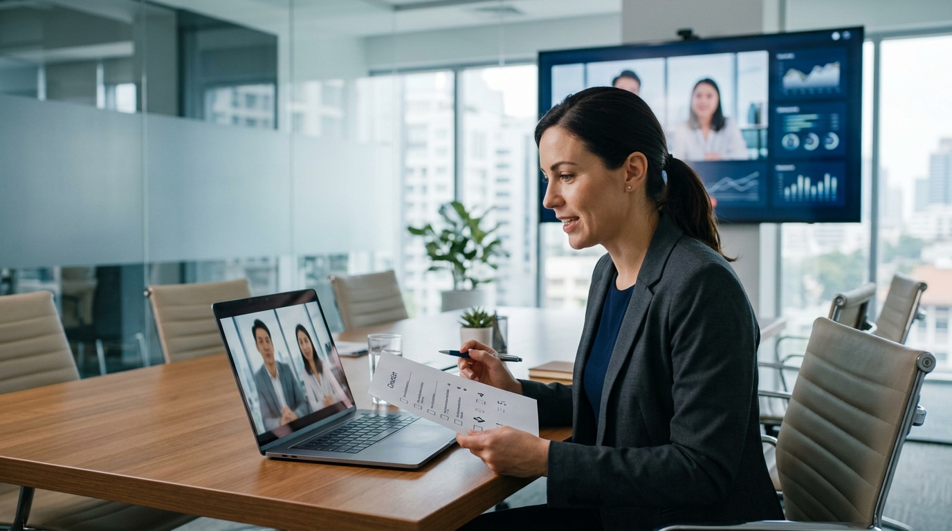 회의실에서 노트북을 펴고 체크리스트를 보며 벤더와 화상회의하는 팀 리더