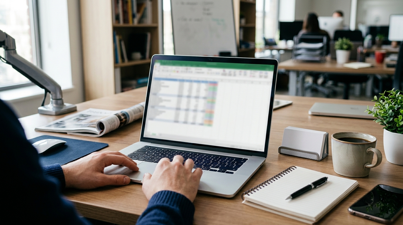 노트북 화면에 스프레드시트로 바이어 리스트를 정리하고 있는 사무실 책상