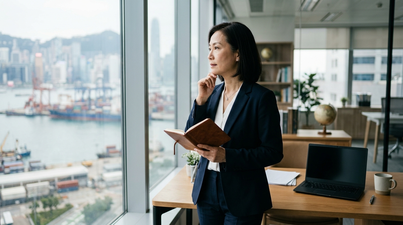 창밖을 보며 생각에 잠긴 수출 담당 임원이 메모를 정리하는 조용한 사무실
