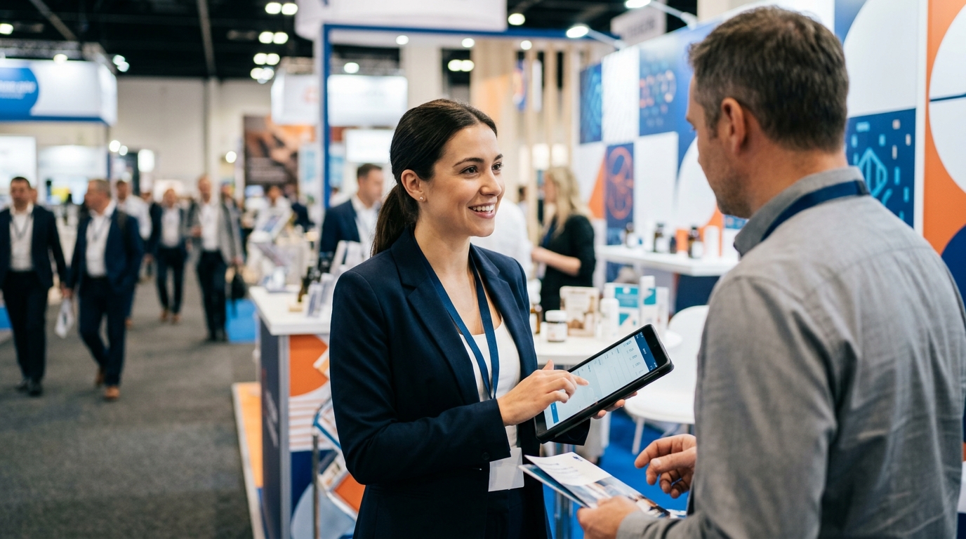박람회 부스에서 태블릿으로 상담 내용을 입력하고 있는 담당자