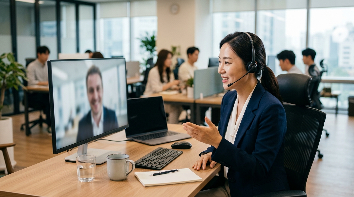 사무실에서 화상 미팅 화면을 보며 해외 바이어와 대화 중인 영업 담당자