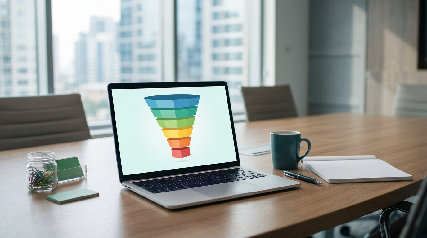 노트북 화면에 파이프라인 퍼널 차트가 표시된 회의실 테이블