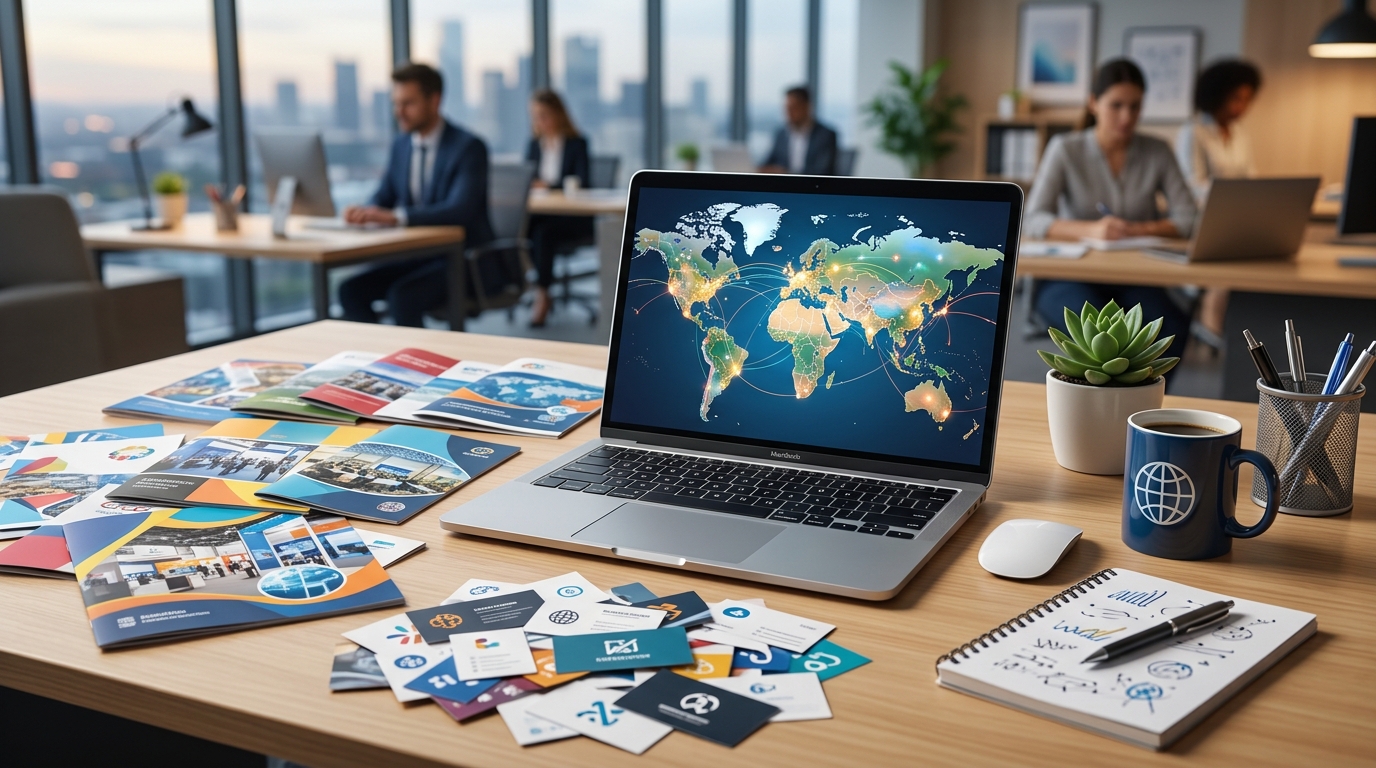 사무실 책상 위에 해외 전시회 브로슈어와 명함 더미가 흩어져 있고, 노트북 화면에는 세계 지도가 띄워진 장면