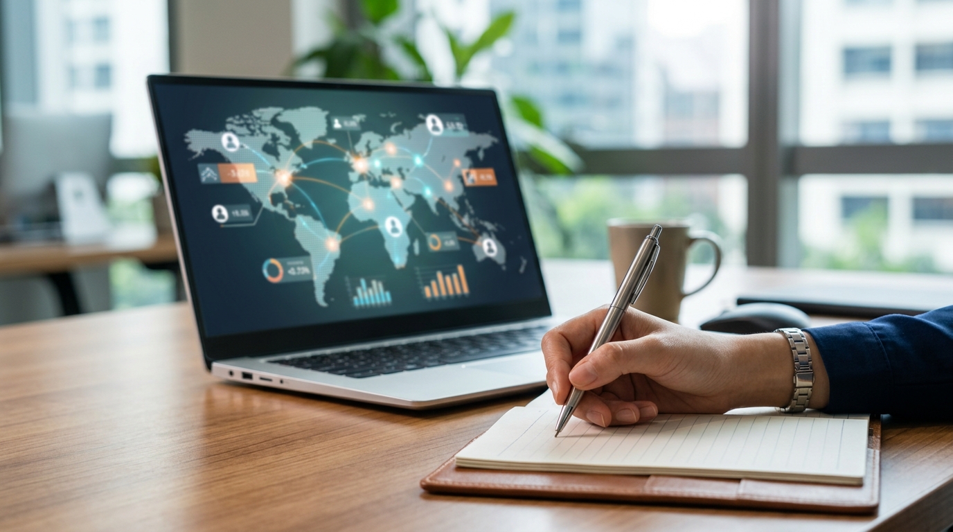 노트북 화면에 세계 지도 위로 바이어 스코어링 점수가 표시된 대시보드를 보며 메모하는 실무자의 손