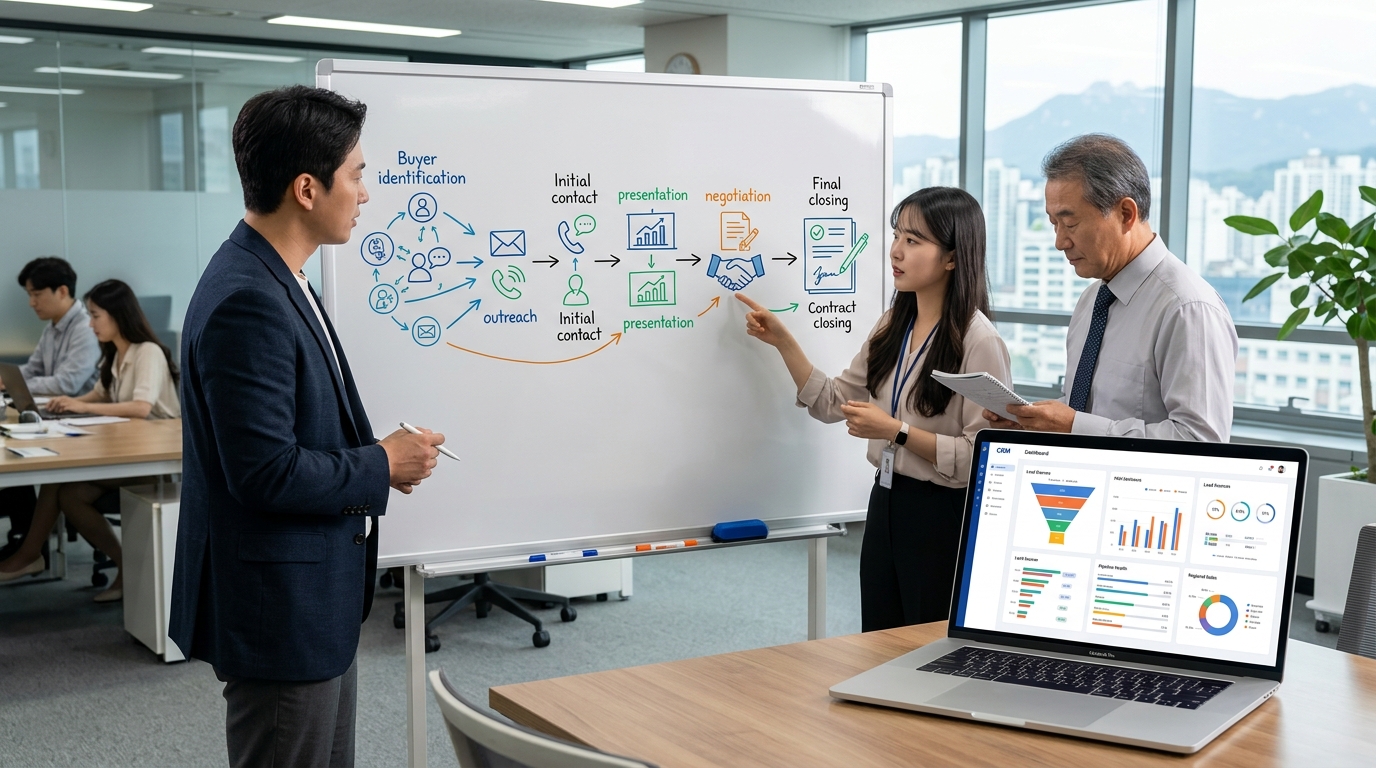 회의실 화이트보드에 영업 파이프라인 단계가 그려져 있고, 한쪽에 노트북으로 CRM 대시보드를 띄워놓은 장면