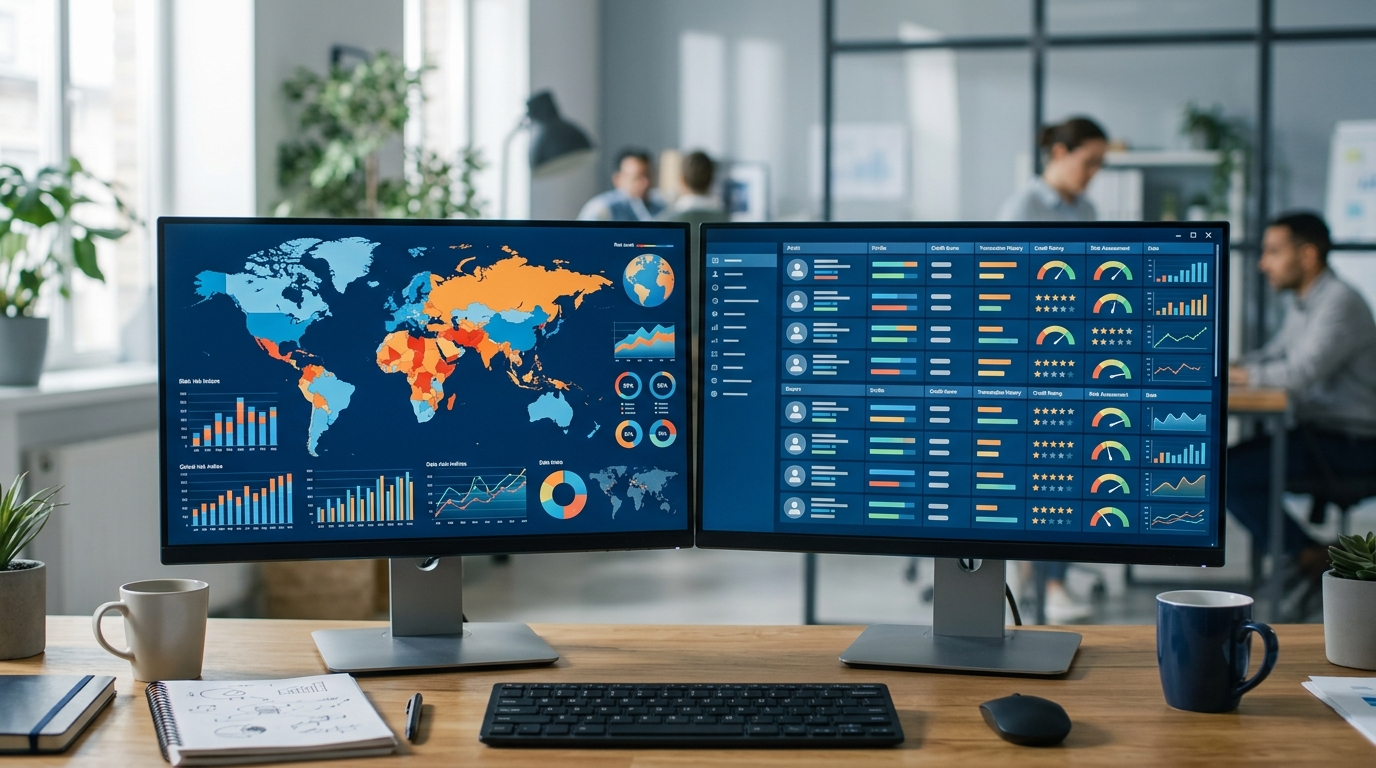사무실 모니터 두 대에 국가별 리스크 지표 그래프와 바이어 신용 점수 목록이 나란히 표시된 장면