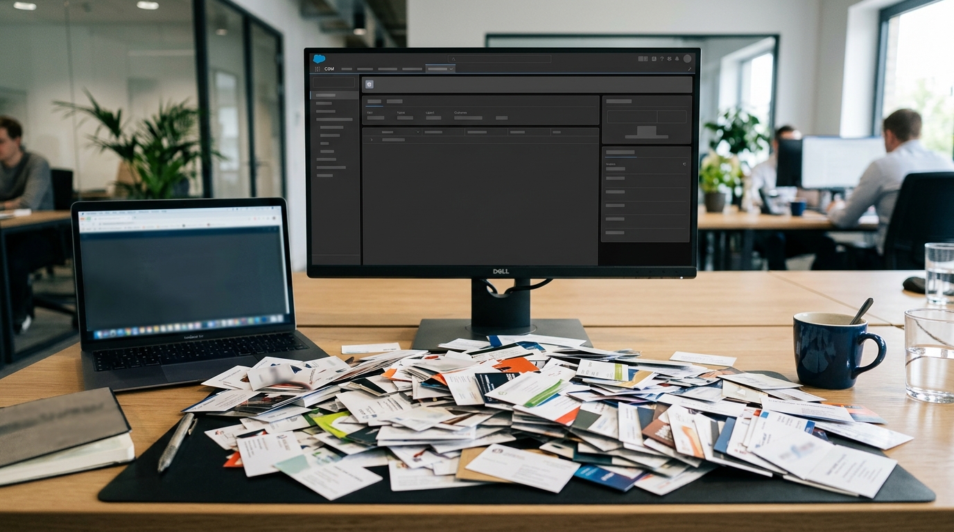 사무실 책상 위에 쌓인 전시회 명함 더미와 빈 CRM 화면이 보이는 모니터