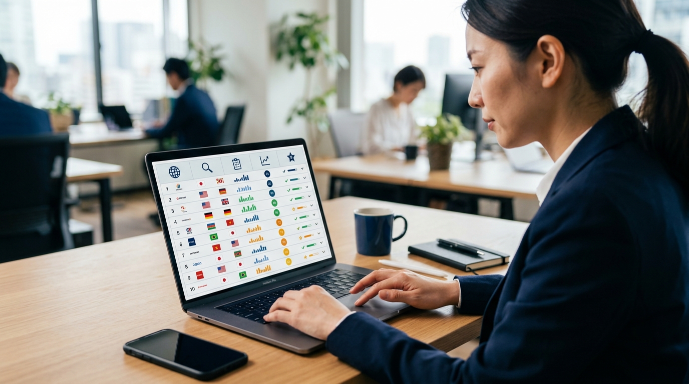 노트북 화면에 바이어 기업 리스트가 점수순으로 정렬되어 있는 깔끔한 대시보드