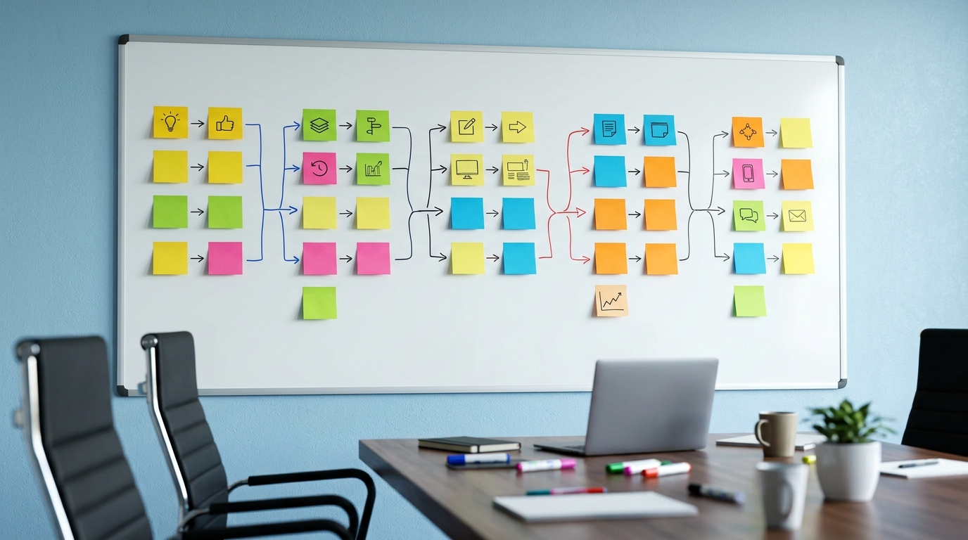 회의실 화이트보드에 5단계 프레임워크가 포스트잇으로 정리되어 있는 장면