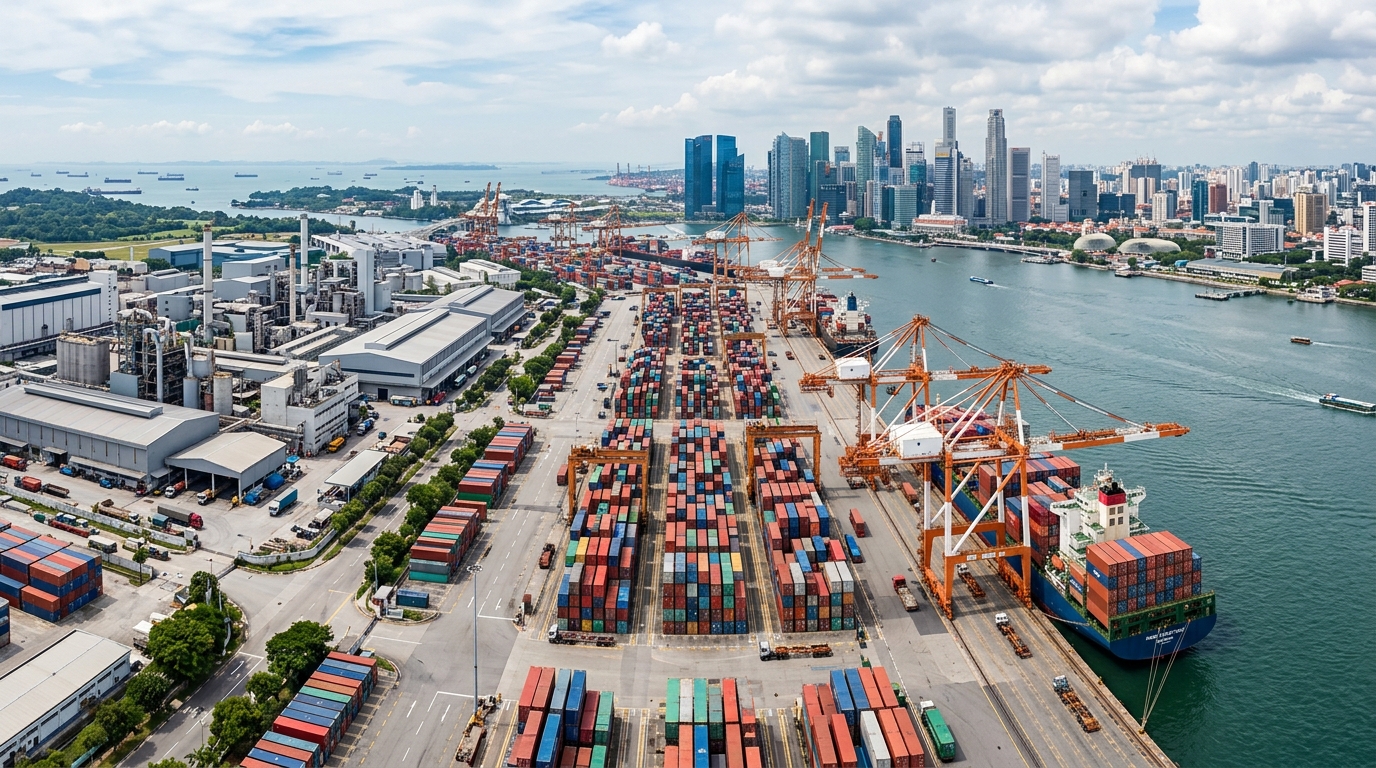 공장 외관과 동남아 도시 스카이라인이 함께 보이는 수출 물류 항만 풍경