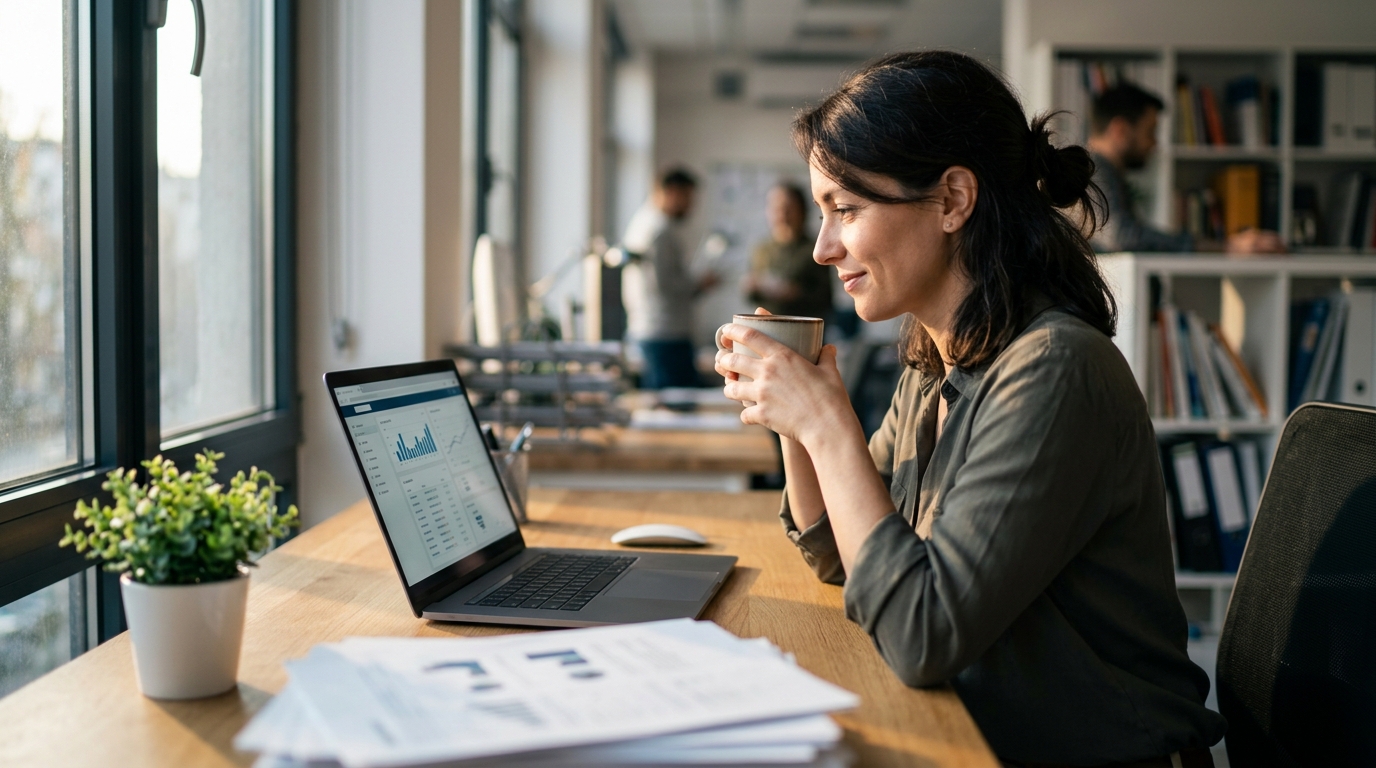 노트북 앞에서 커피를 마시며 바이어 리스트를 검토하는 해외영업 담당자의 자연스러운 모습