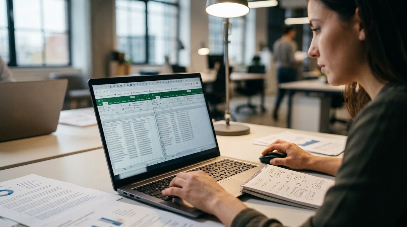 한 사람이 노트북 앞에서 수많은 스프레드시트 탭을 열어놓고 해외 바이어 정보를 수작업으로 정리하는 장면