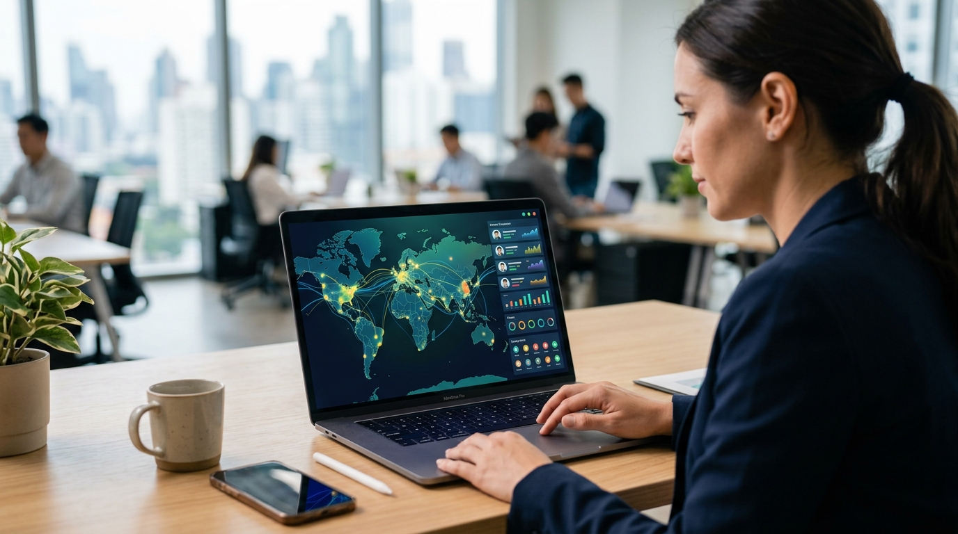 노트북 화면에 세계 지도와 바이어 리스트가 자동으로 정리되는 대시보드가 표시된 장면