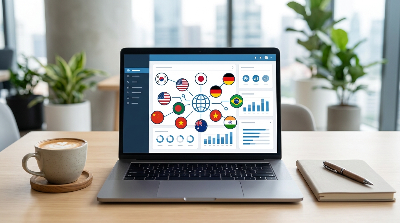 사무실 책상 위에 여러 나라 국기 아이콘이 표시된 이메일 캠페인 화면과 커피 한 잔이 놓인 장면