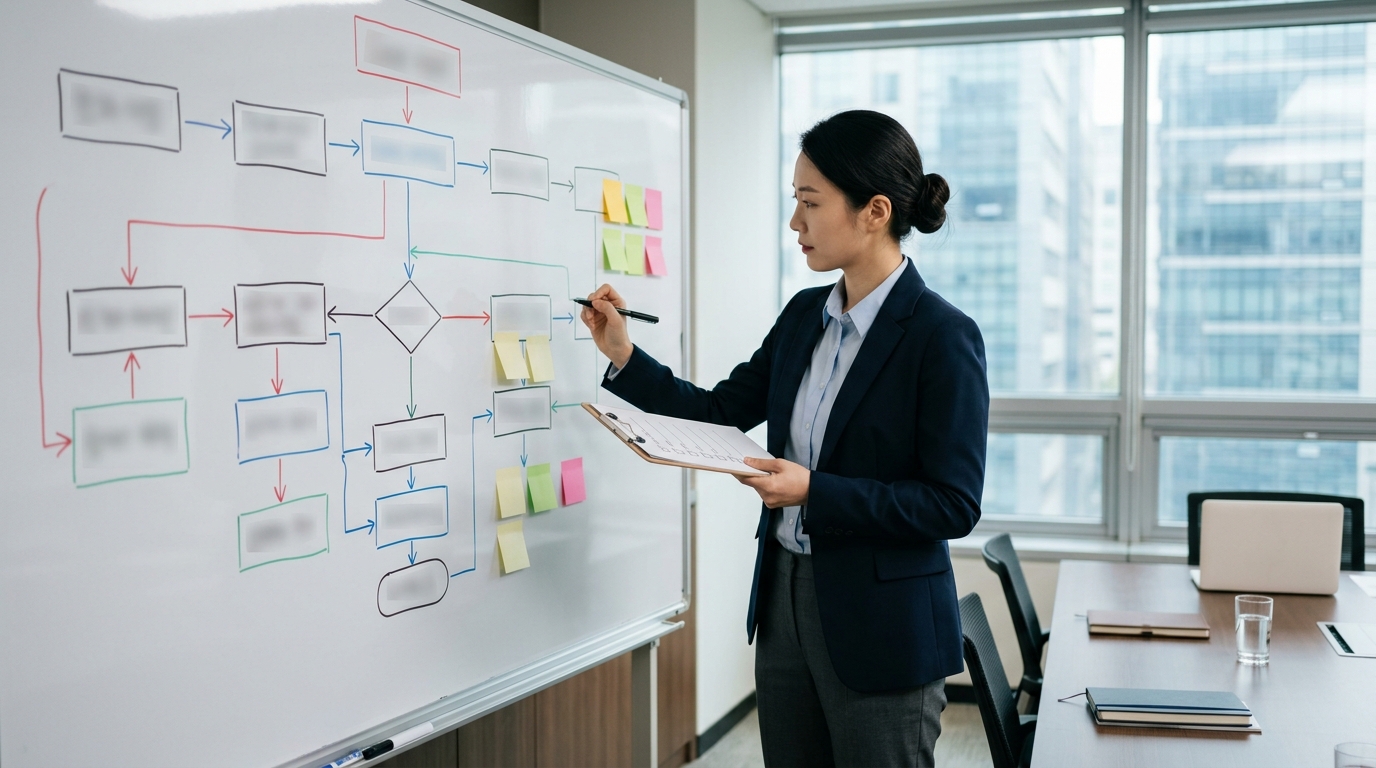 회의실 화이트보드에 수출 프로세스 흐름도가 그려져 있고, 한 사람이 체크리스트를 확인하는 장면