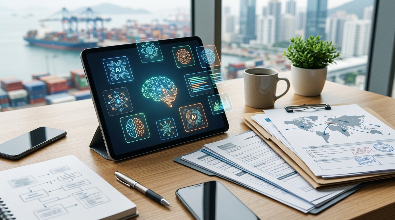 책상 위에 여러 AI 도구 로고가 떠 있는 태블릿과 수출 서류가 함께 놓인 장면
