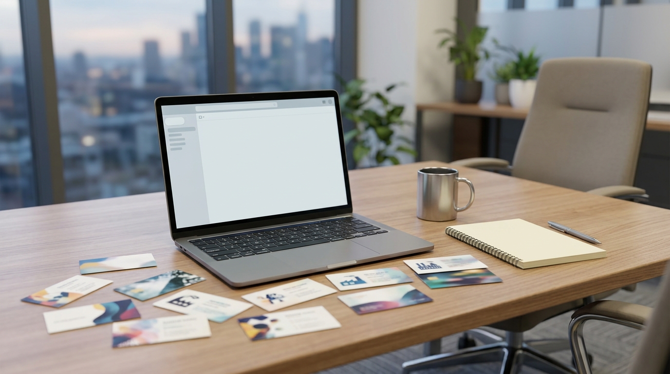 사무실 책상 위에 해외 전시회 명함이 흩어져 있고, 노트북 화면에 빈 이메일 수신함이 보이는 장면