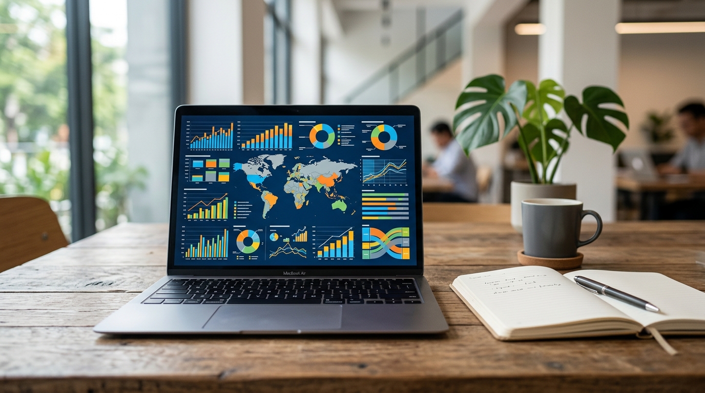 노트북 화면에 수출입 통계 대시보드가 표시되고, 옆에 메모장과 펜이 놓인 장면