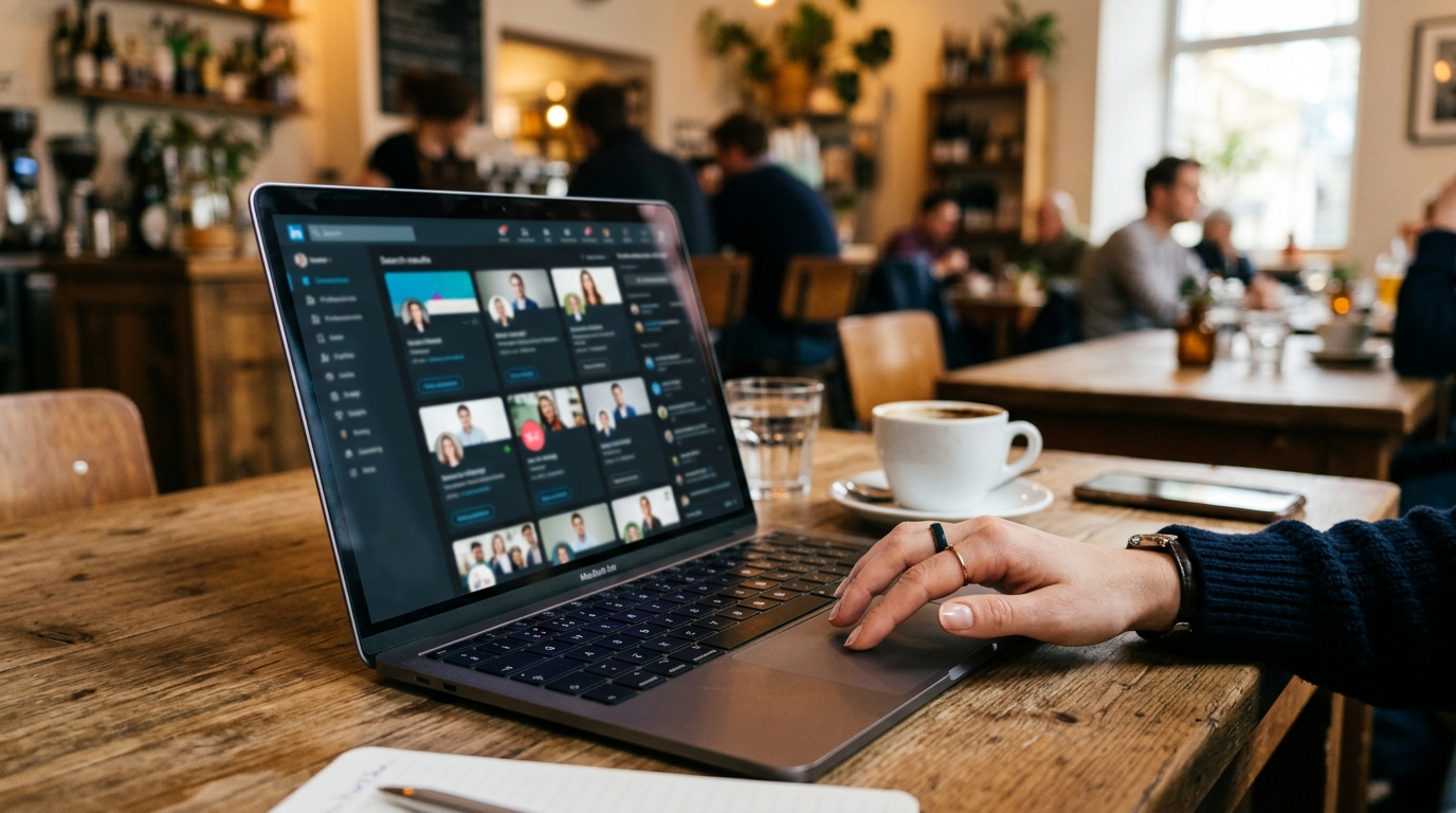 카페에서 노트북으로 LinkedIn 프로필 검색 결과를 스크롤하는 사람의 손 클로즈업