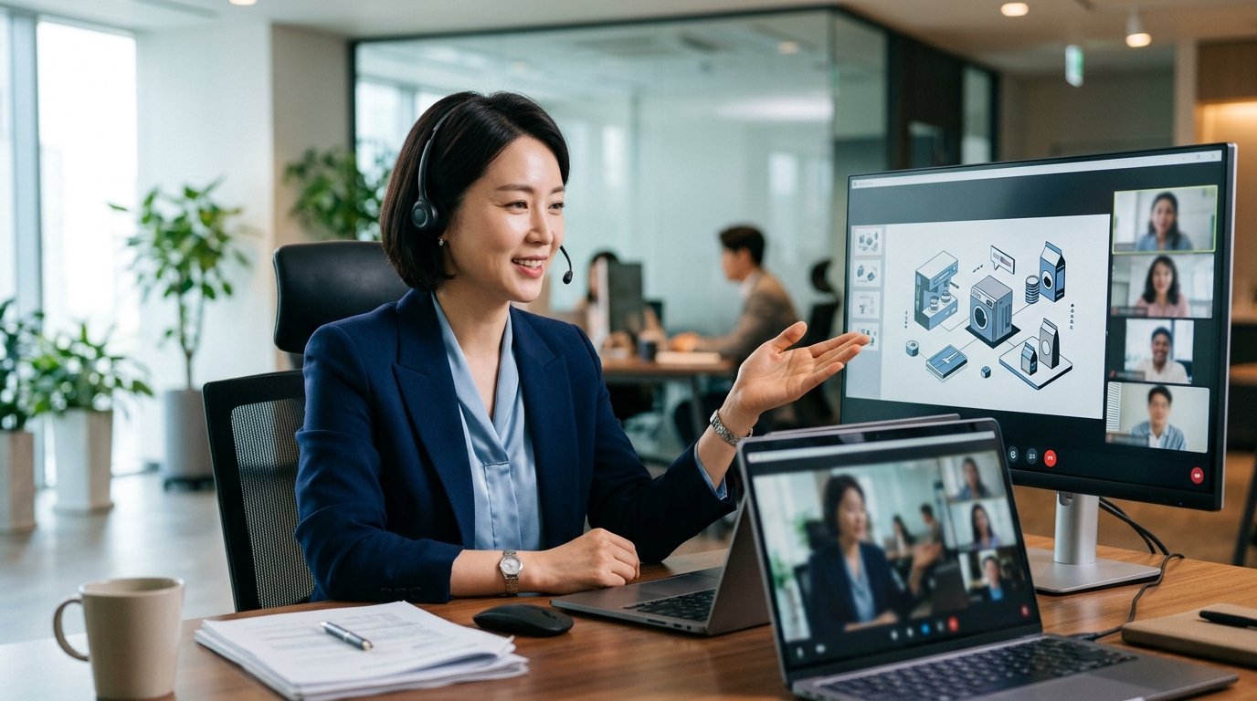 화상 미팅 화면에 제품 카탈로그를 공유하며 프레젠테이션하는 수출 담당자의 모습
