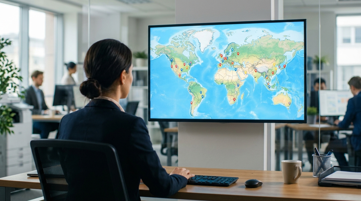 세계 지도 위에 여러 국가가 핀으로 표시된 모니터 화면을 바라보는 사람의 뒷모습
