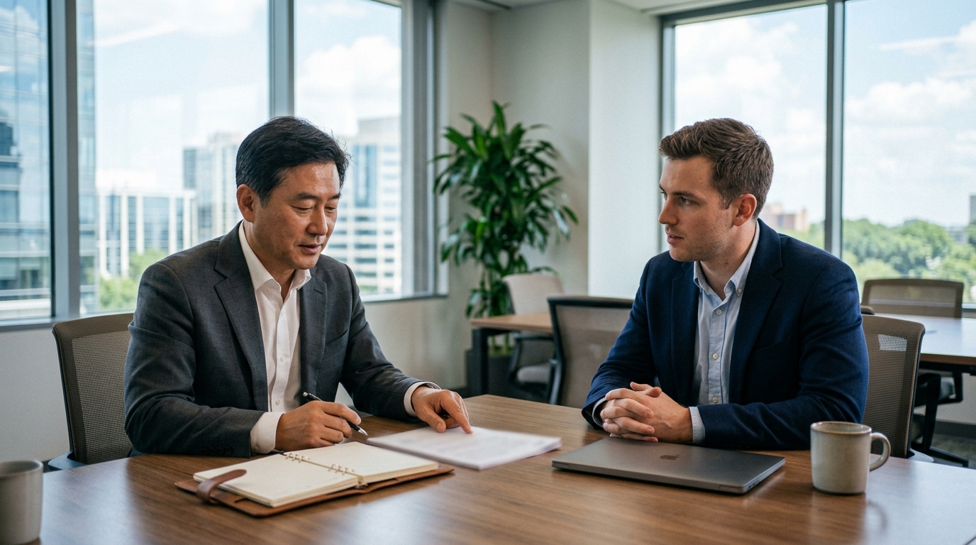 무역 협상 테이블에서 서류를 검토하는 담당자와 상대방 바이어가 마주 앉아 있는 사무실 장면