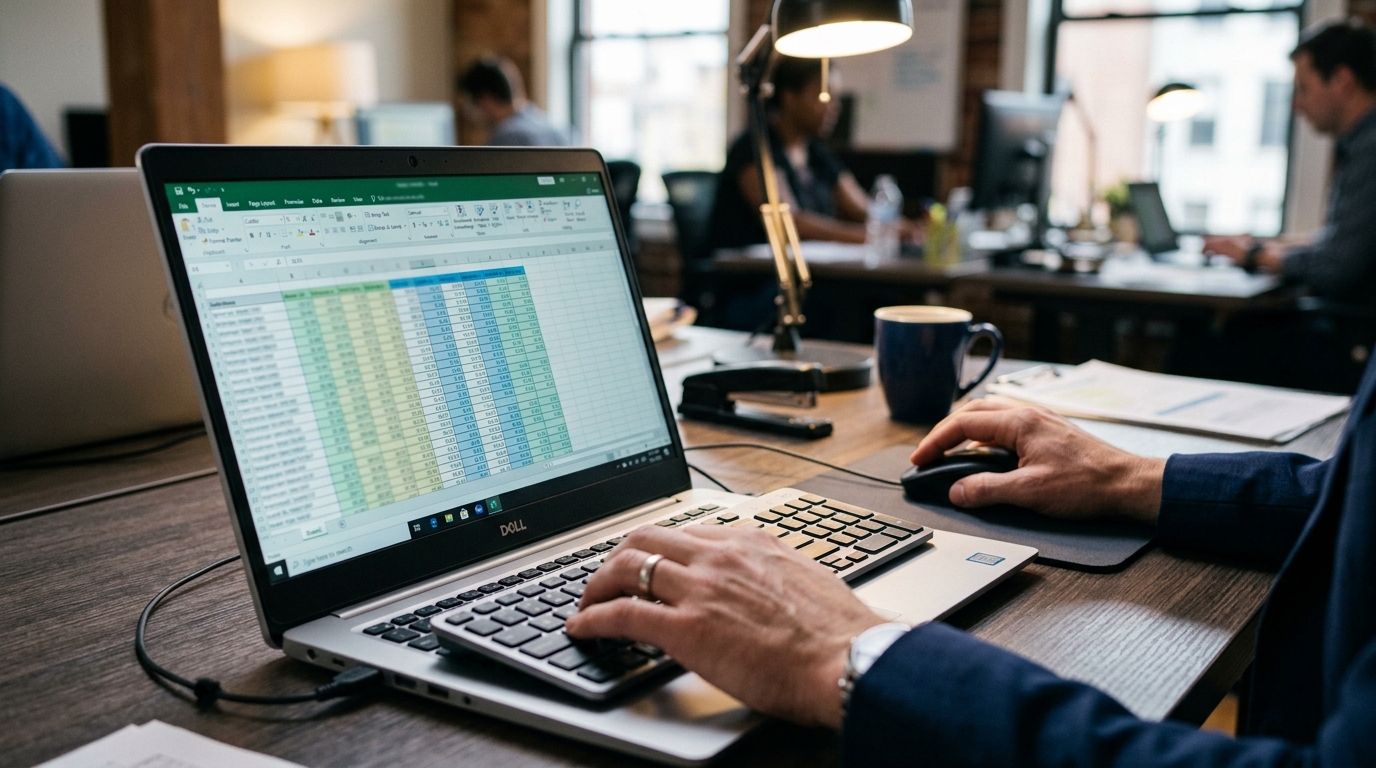 스프레드시트 화면에 원가 항목별 숫자를 입력하고 있는 실무자의 손 클로즈업
