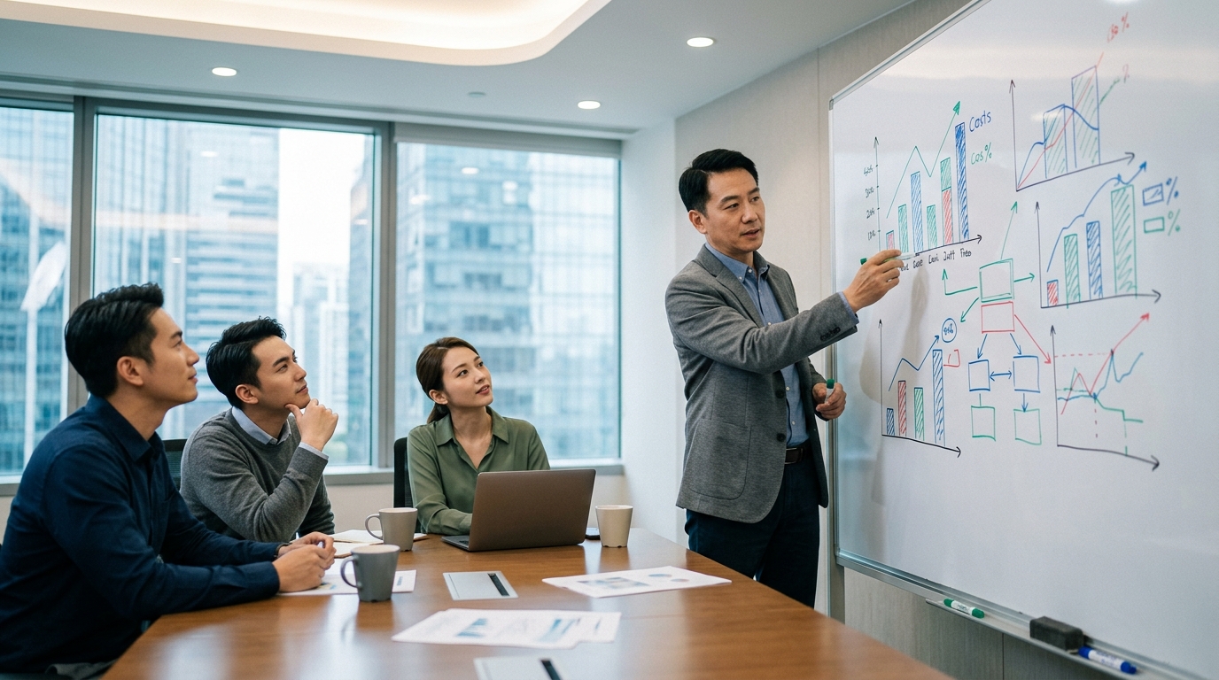 회의실 화이트보드에 비용 비교 차트를 그리며 설명하는 영업 담당자
