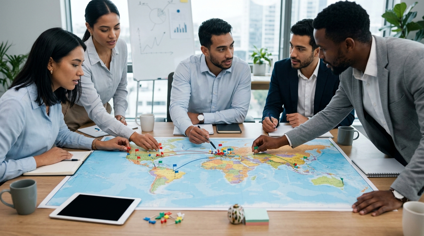 세계 지도 위에 여러 지역에 핀을 꽂으며 시장 다변화 전략을 검토하는 팀의 모습
