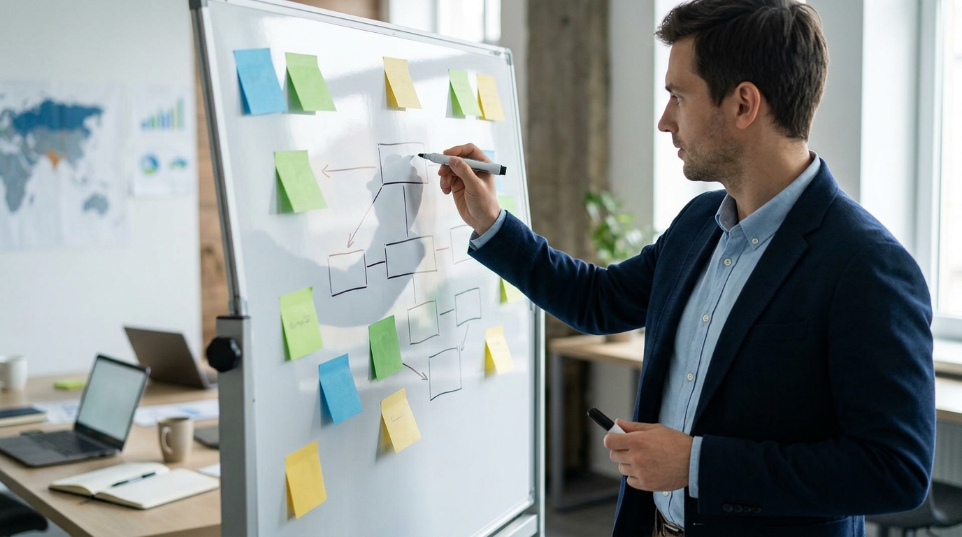 화이트보드에 시장 조사 보고서 목차를 정리하는 장면