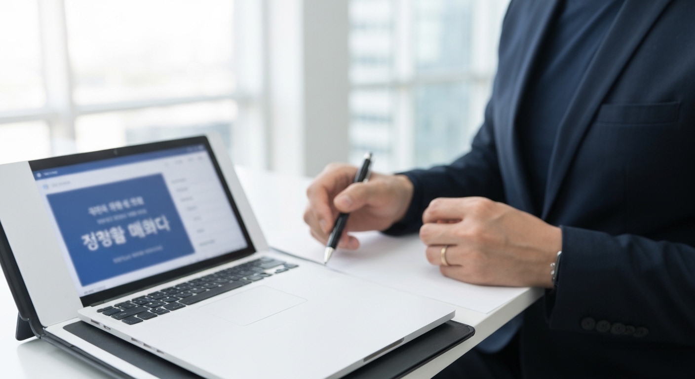 노트북 앞에 앉아 무역 데이터 화면을 보며 메모하는 30대 직장인