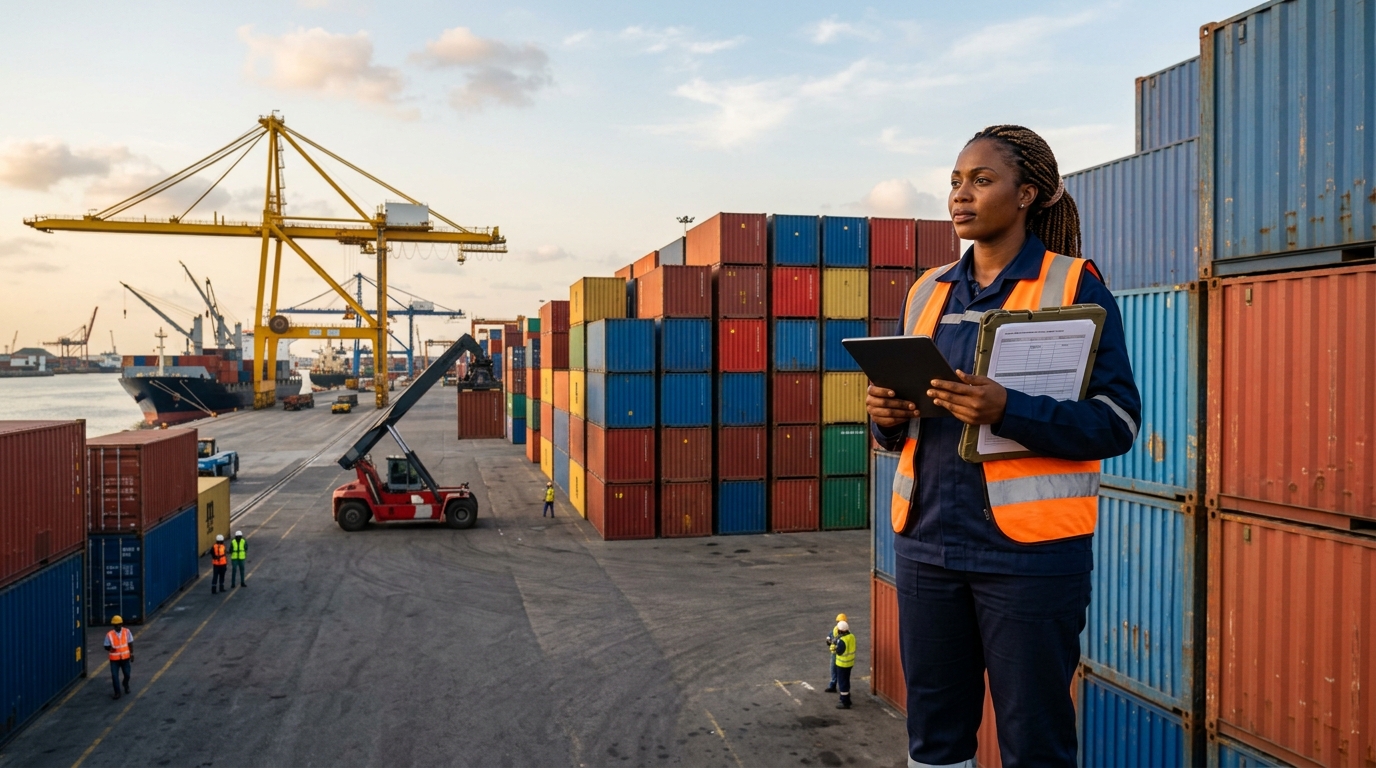 라고스 무역항에서 컨테이너 앞에 서 있는 물류 담당자