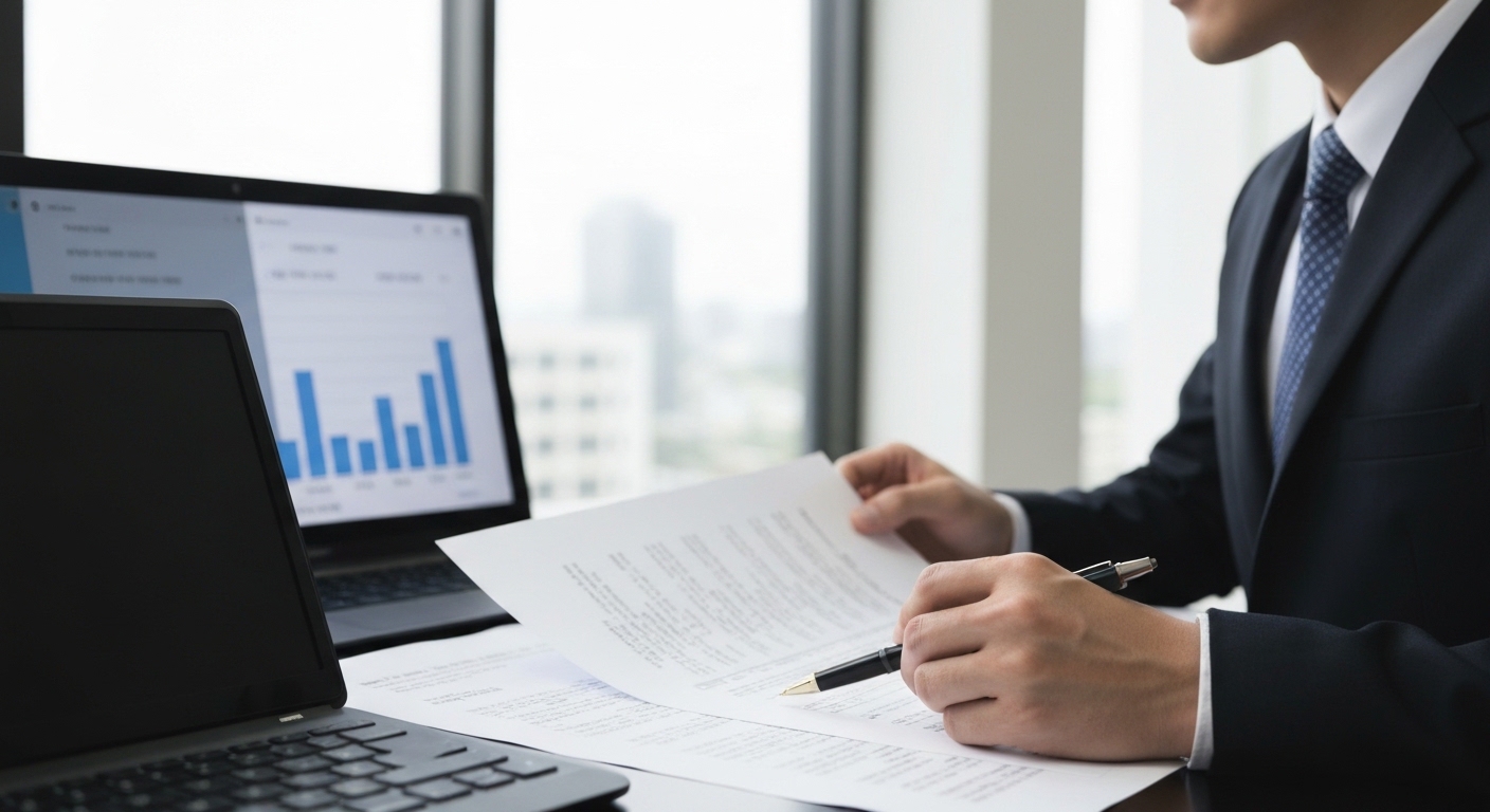 나이로비 사무실에서 노트북으로 바이어 연락처 리스트를 검토하는 실무자