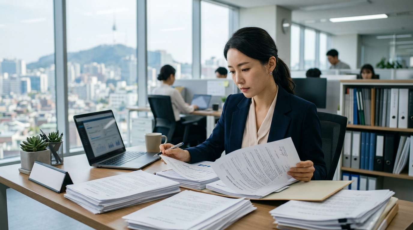 서울 사무실에서 아프리카 수입 인증 서류를 검토하는 수출 담당자