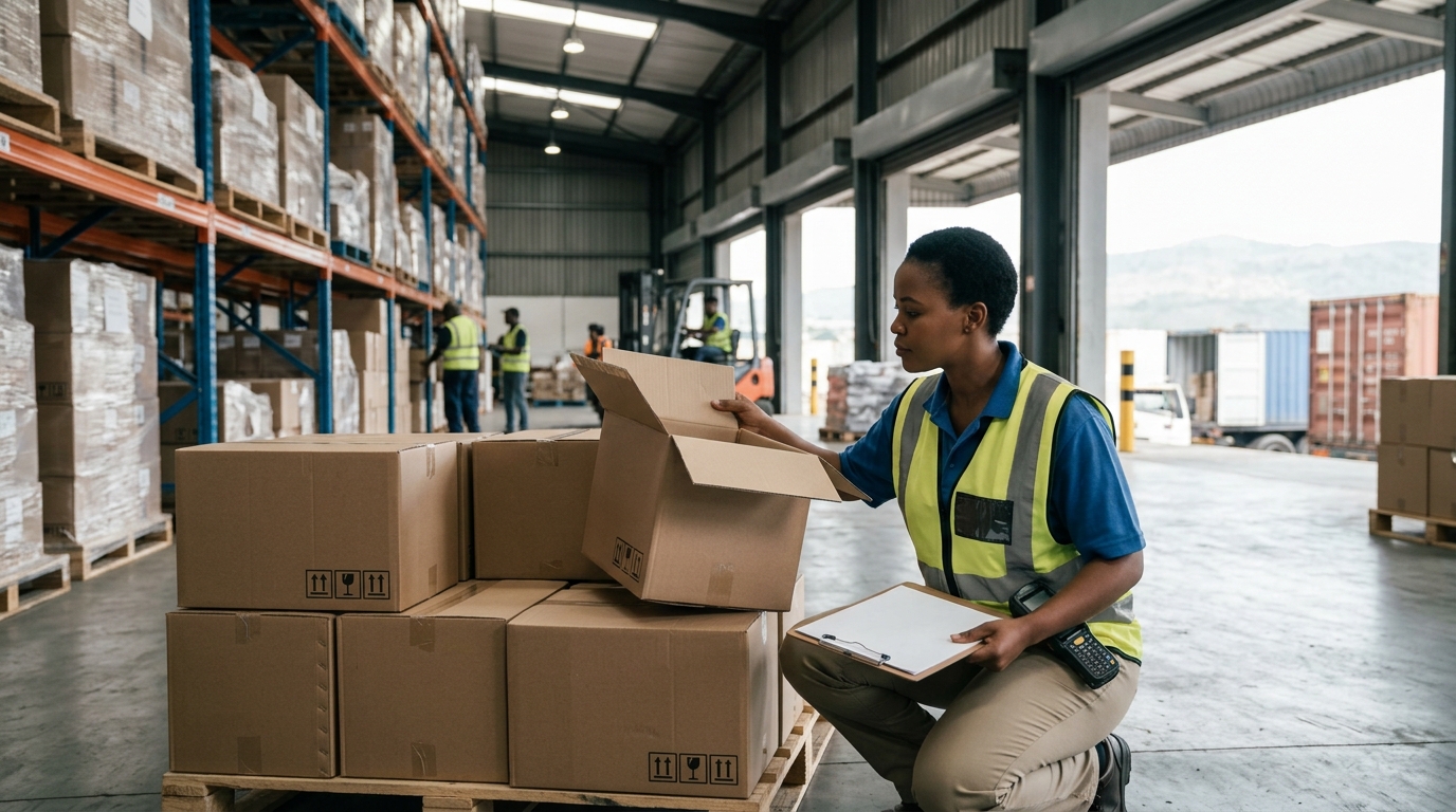 케냐 나이로비 물류 창고에서 수출 샘플 박스를 확인하는 물류 담당자