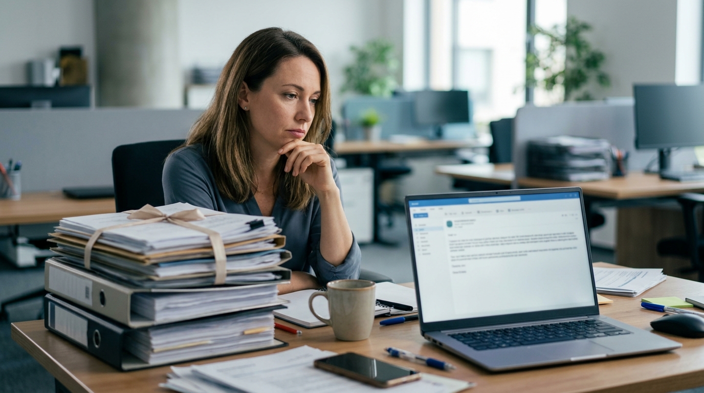 사무 책상 위에 서류 더미와 노트북이 놓여 있고, 담당자가 탈락 이메일을 바라보며 잠시 멈춰 있는 장면