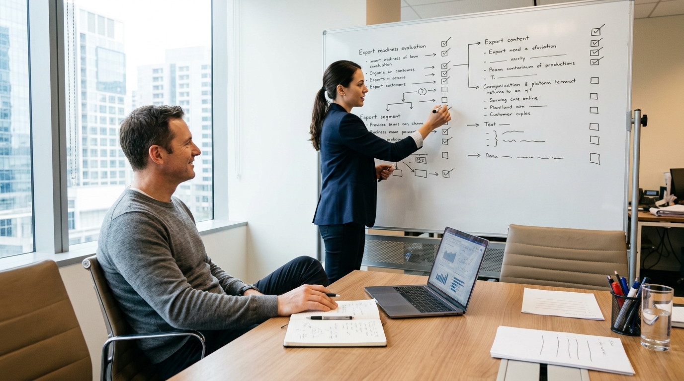 회의실에서 팀원이 화이트보드에 체크리스트를 정리하며 동료와 조용히 이야기하는 장면