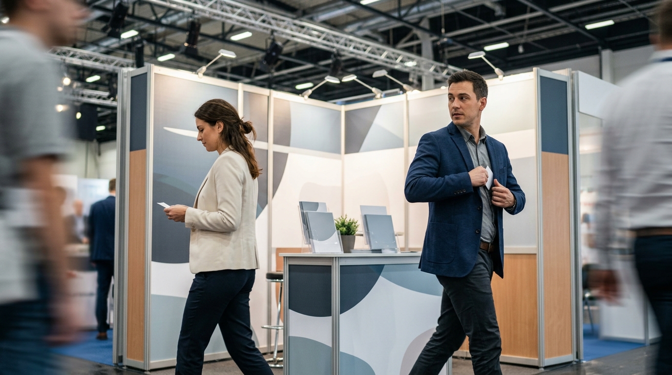전시회 부스 앞에서 명함을 교환한 뒤 각자 다른 방향으로 걸어가는 두 사람의 장면