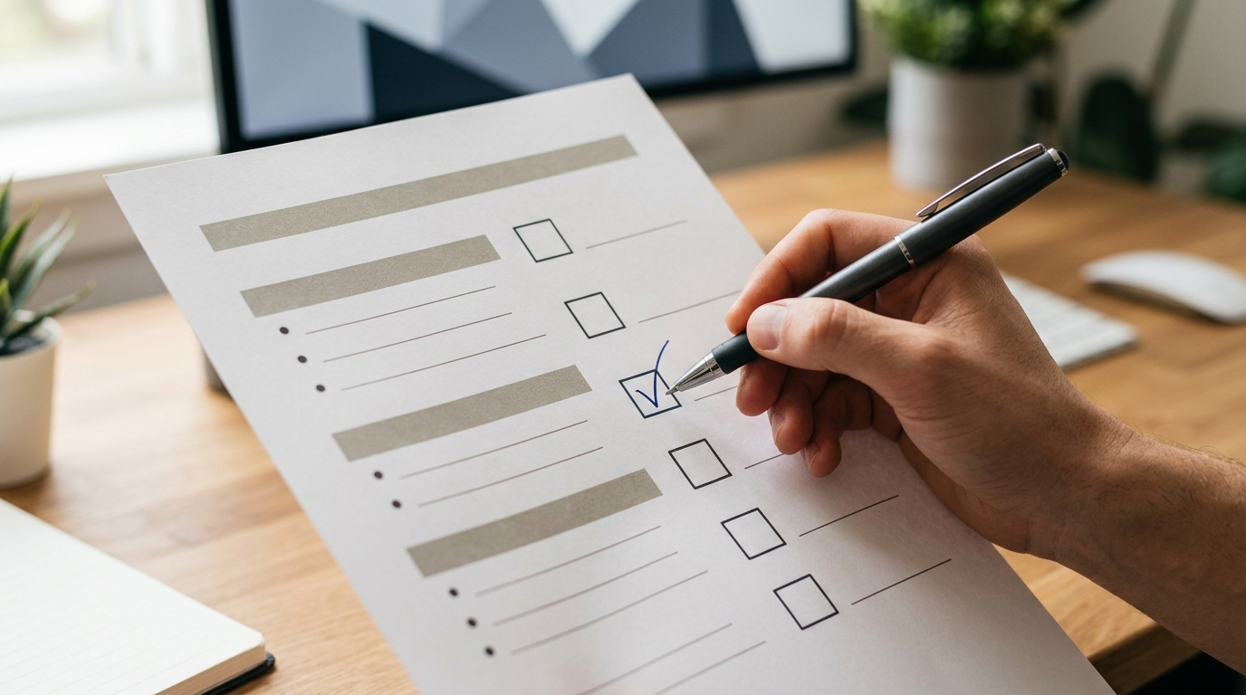 체크리스트가 적힌 종이 위에 펜이 놓여 있고 한 항목에 체크 표시가 되어 있는 장면