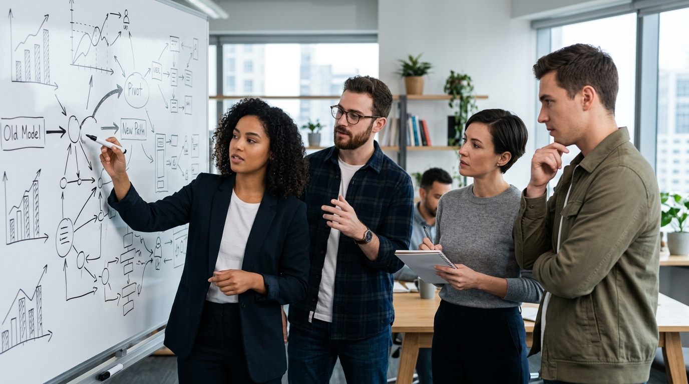 스타트업 팀원들이 화이트보드 앞에서 피벗 전략을 논의하는 장면