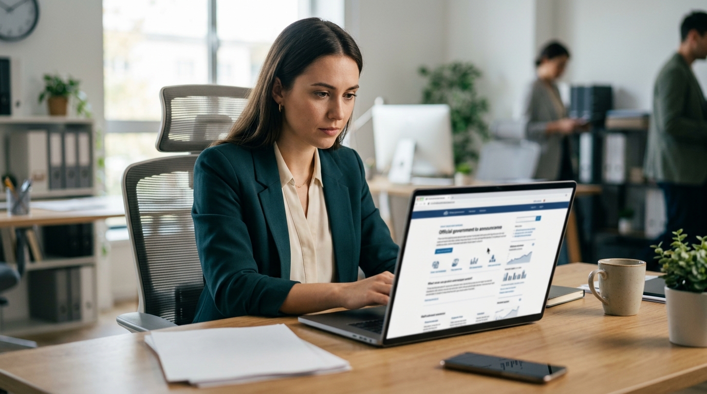 수출 담당자가 책상 앞에서 노트북으로 정부 지원 공고 페이지를 검토하는 장면