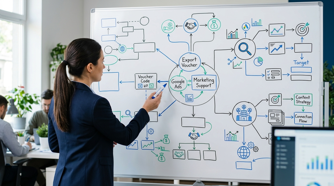 사무실 화이트보드에 구글 광고·링크드인·바우처 항목 코드를 연결해 정리한 다이어그램이 보이는 장면