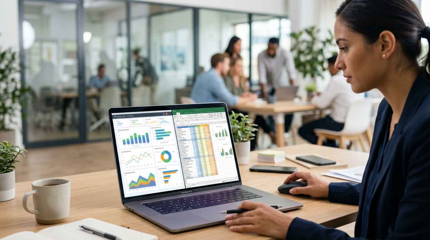 노트북 화면에 광고 캠페인 성과 대시보드와 예산 시뮬레이션 스프레드시트가 나란히 열려 있는 장면