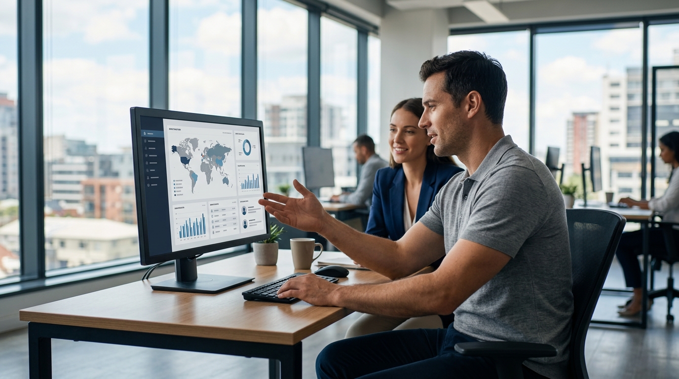 해외 바이어 발굴 플랫폼 화면을 보며 영업 담당자가 타겟 리스트를 검토하는 장면